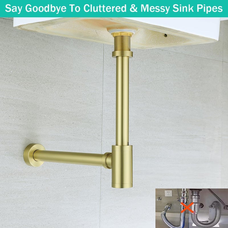 SEABEFORE Brass Round Bottle P-Trap 1 1/4, Adjustable Basin Sink Waste Drain Trap Kit, Brushed Gold P Trap - Image 5